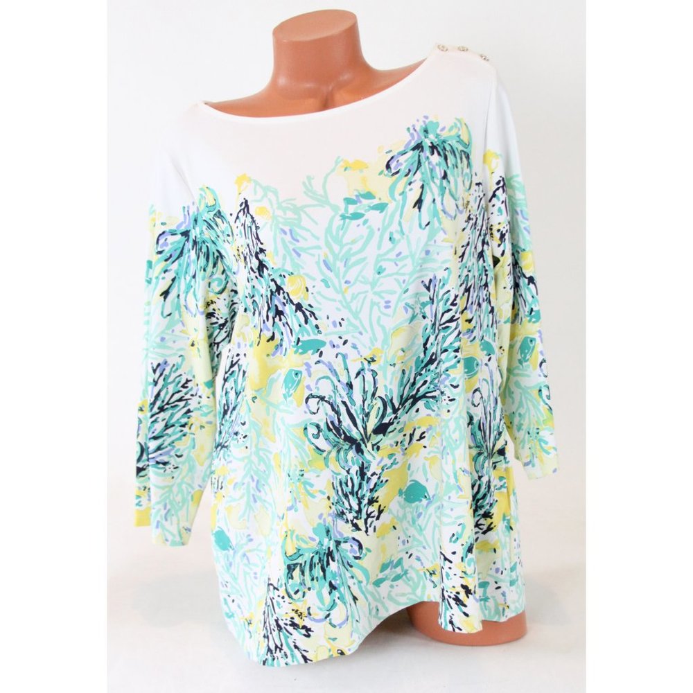 Charter Club Button-Trim Printed 3/4 Sleeve Top - Picture 4 of 8